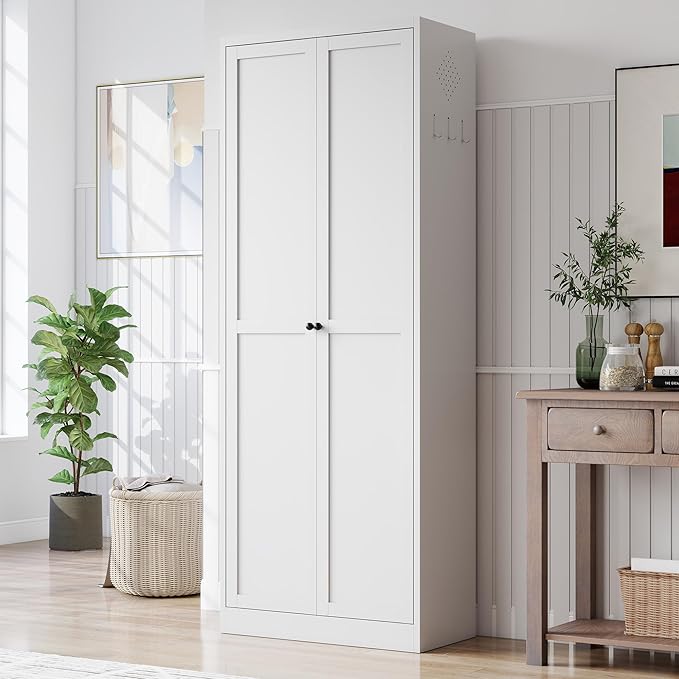 Kitchen Pantry Cabinet, 72" H Storage Cabinet with Doors and Adjustable Shelves, Metal Bathroom Cabinets, Utility Cabinets for Kitchen, Living Room, Garage, Assembly Required, White