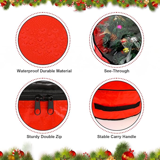 Pwsap 2 Pack Christmas Wreath Storage Container - 24 Inch, Garland Storage, Christmas Large Wreath Storage Container Cover, Durable Tarp Material, Dual Zipper Storage Bag for Xmas Holiday, Red