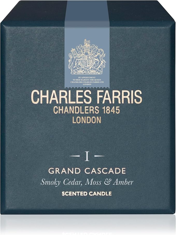 Charles Farris Luxury Scented Candle – 1 Wick, Hand-Poured, Long Lasting, Clean Burning, 210g / 7.5oz, Burns for up to 50 Hours, Made in England – Smokey Cedar, Moss & Amber – Grand Cascade