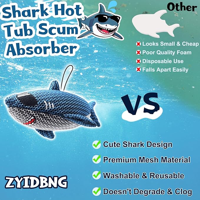 Shark Hot Tub Scum Absorber Reusable Washable Hot Tub Sponge Scum Absorber for Spa Hot Tub Oil Scum Absorber Spa Accessories for Adults (2 Pack, Shark)