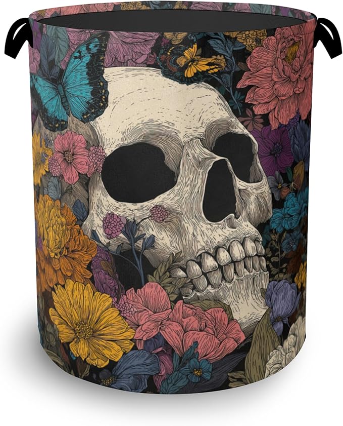 Skeleton Laundry Basket,Butterfly Flowers Oxford Cloth Laundry Hamper with Handle Foldable Portable Clothes Storage Basket for Bathroom Bedroom Dorm Room 16" x 20.8"