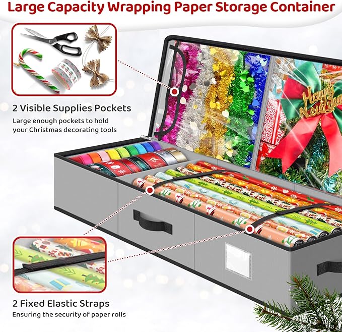 BlessedSeason Wrapping Paper Storage Organizer for 40 Inch Christmas Gifts Wrapping Paper, 2 Visible Supplies Pockets for Holiday Accessories, Christmas Decoration Storage Containers, Grey