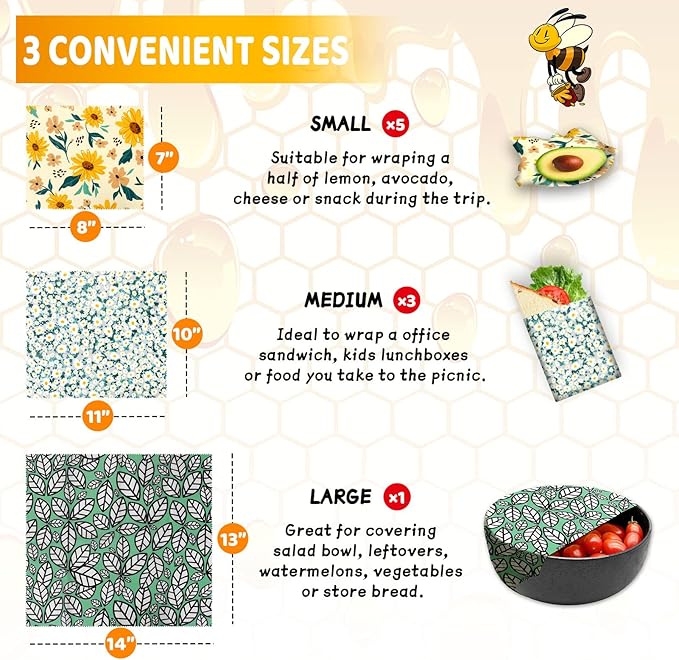 Beeswax Wrap, 9 Pack Eco-Friendly Beeswax Wraps for Food Storage, Organic, Sustainable, Beeswax Food Wraps, Zero Waste Reusable Food Wrap Beeswax Paper 1L, 3M, 5S Plants Pattern Sandwich Wrappers
