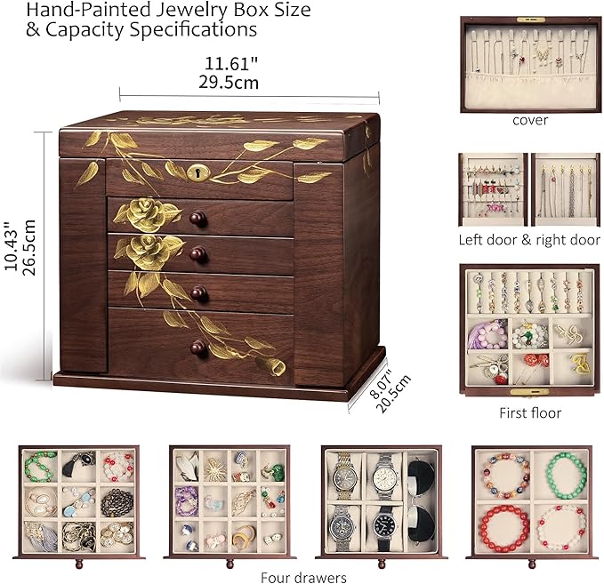 Hand-Painted rose Wooden Jewelry Boxes for Women - 8-Layer Large Lockable Jewelry Box with Compartments, Dresser Top Jewelry Organizer, Vintage Wooden Jewelry Storage