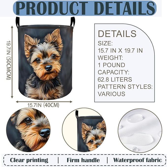 Yorkshire Terrier Laundry Basket Hamper 19.7"x15.8", Cute Dog Foldable Waterproof Oxford Clothes Storage Bucket for Room Bathroom Bedroom Nursery Decor, Toy Organizer Bins Gifts for Kids Boys Girls