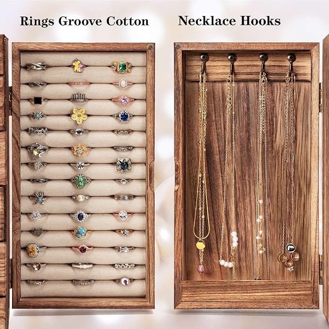 Jewelry Boxes for Women Girls, 9"x 5.9"x 12" Wooden 5-Layers Jewelry Organizer and Storage with Drawer, Suitable for Earring, Ring, Necklace, Bracelet, Gifts for Women
