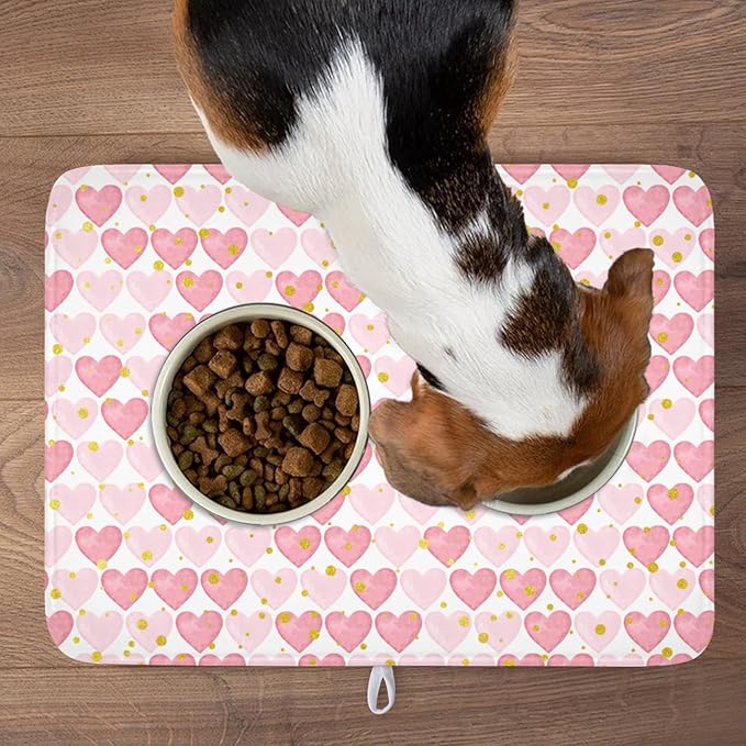 Valentines Day Dish Drying Mat for Kitchen Counter 24x18 Inch Love Drying Mat with Absorbent Reversible Microfiber Golden Pink Heart Dish Drainer Mats Rack Pad for Coffee Countertop Protector