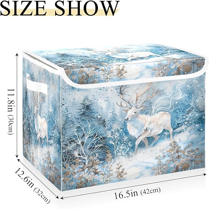 senya Winter Baskets Collapsible Storage Bins with Lids, Winter White Reindeer Snow Storage Boxes Clothes Baskets for Organizing