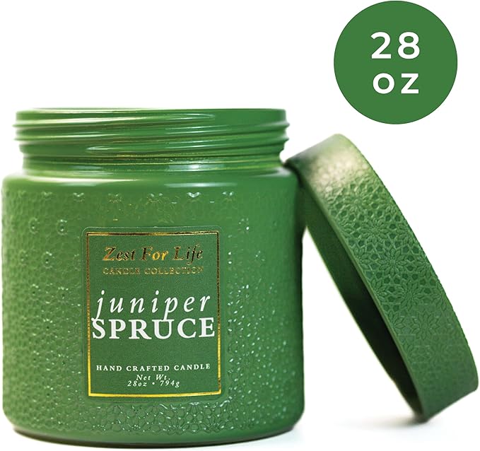 A Cheerful Giver - 28oz Large Scented Candle Jar with Lid- Zest for Life - 130 Hours of Burn Time, Gift for Women (Large, Juniper Spruce)