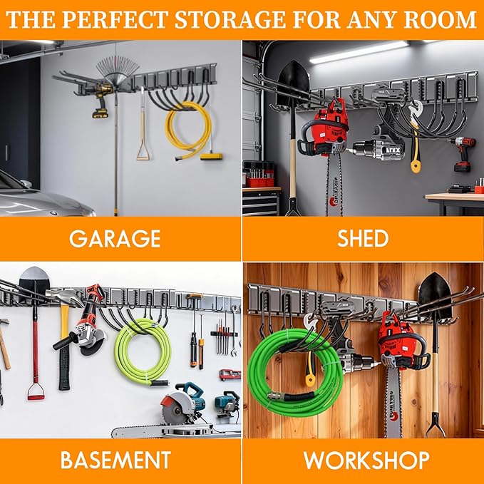 Garage Tool Organizer Wall Mount, 48 inch Garage Wall Organizer, 480lbs Sturdy Garden Tool Organizer with 6 Adjustable Bilayer Hooks, for Yard, Shed, Basement, Workshop(Black)