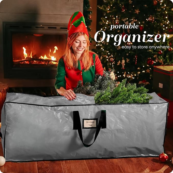 Christmas Tree Storage Bag - Stores 7.5 Foot Artificial Xmas Holiday Tree, Durable Waterproof Material, Zippered Bag, Carry Handles - Protects Against Dust, Insects and Moisture (Grey)