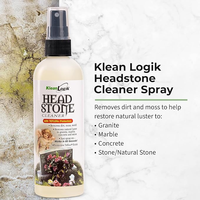 KleanLogik Headstone Cleaner For Graves & Memorials, Tombstone Cleaner Solution Removes Dirt & Plant Growth To Restore Natural Luster To Granite, Marble, Slate, Concrete, Limestone & Stone, 2-Pack