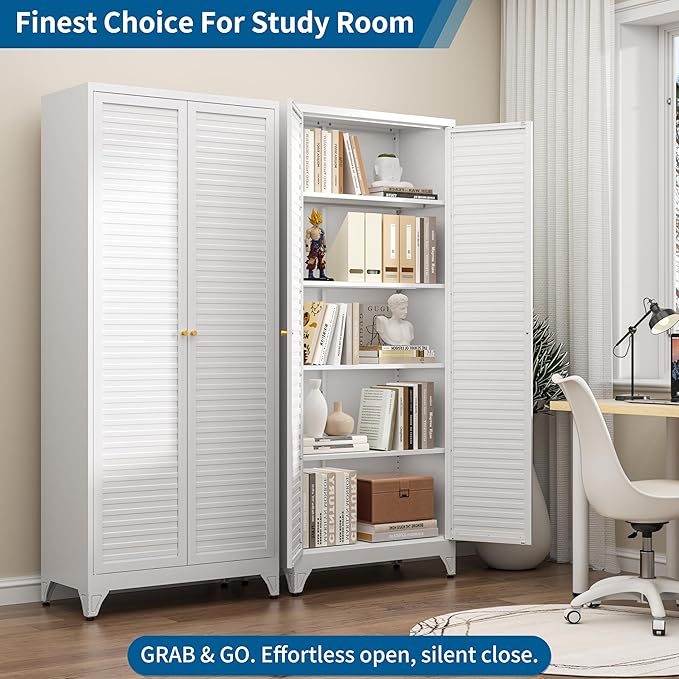 75" Tall Metal Kitchen Storage Cabinet,White Kitchen Pantry Storage Cabinet with Doors and 4 Adjustable Shelves,Utility Cabinet for Living Room,Garage,Dining Room and Office,Assemble Required