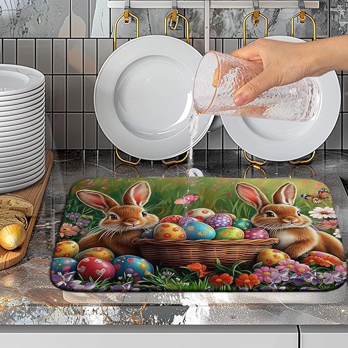 Wnoesat Easter Bunny Eggs Dish Drying Mat for Kitchen Counter 16x18 Inch Spring Easter Rabbit Flowers Drying Mat Microfiber Dish Drainer Rack Mats Absorbent Reversible Dishes Pad Dish Dryer Mat