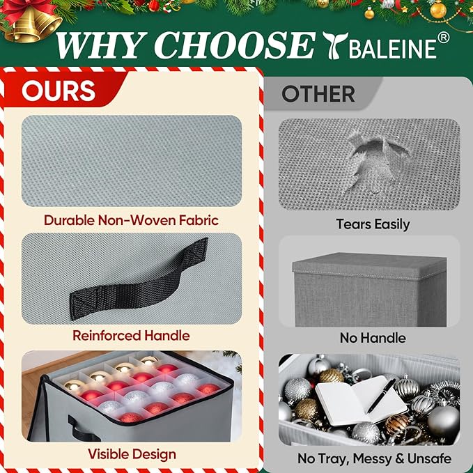 BALEINE Christmas Ornament Storage Box with Dividers, Premium Holiday Ornaments Storage Container Bin for Xmas Decorations (64 Ball, Red, Soft)
