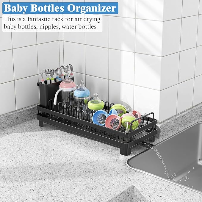 CHLORYARD Small Dish Drying Rack, Compact Sink Dish Drainer Plate Rack Organizer with Utensil Holder and Drainbaord for Kitchen Counter, RVs, Apartments