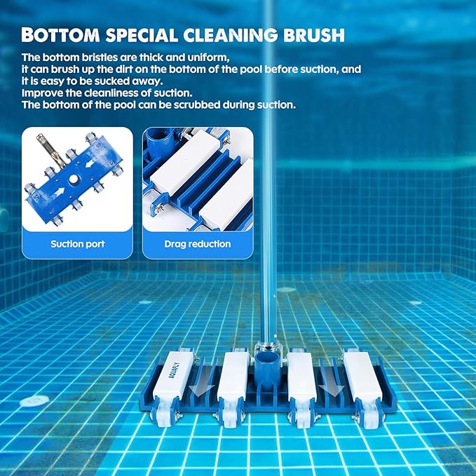 Pool Vacuum Head, Manual Cleaning Vacuum with Wheels 14'' Heavy Duty Handle Pool Vacuum Heads for Inground & Above Pools with Flexible Swivel, Swimming Pool Head for Absorb