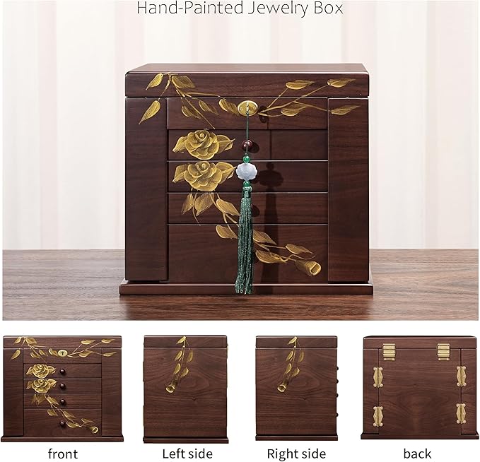 Hand-Painted rose Wooden Jewelry Boxes for Women - 8-Layer Large Lockable Jewelry Box with Compartments, Dresser Top Jewelry Organizer, Vintage Wooden Jewelry Storage