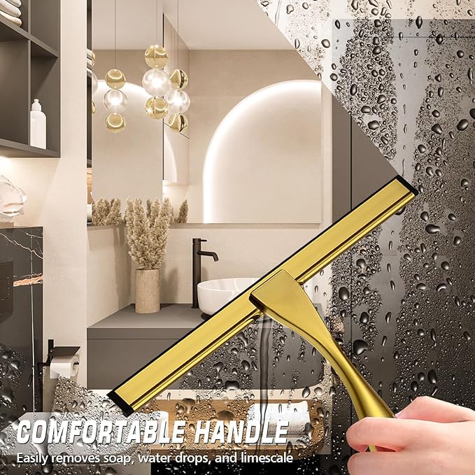 OVSGTTZ Stainless Steel Shower Squeegee for Glass Door with 3 Adhesive Hook, Glass Cleaning Squeegee for Bathroom & Household Window, Mirrors, Tiles and Car, Clear 10 Inches Golden