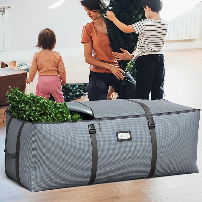 Christmas Tree Storage Bag, Fits Up to 9 Ft Artificial Christmas Tree with Buckle Straps & Dual Zippers & Handles, 600D PVC Durable Waterproof Material Protects from Dust (Grey)