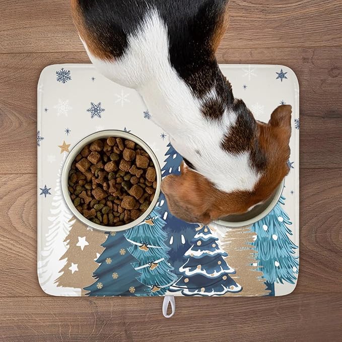 Christmas Tree Dish Drying Mat for Kitchen Counter 18x16 Inch Xmas Snowflake Drying Mat with Absorbent Reversible Microfiber House Blue Trees Dish Drainer Mats Rack Pad for Coffee Countertop Protector