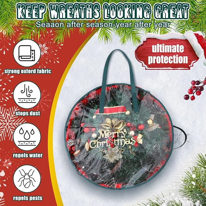 Shappy 4 Pcs Christmas Wreath Storage Bag Plastic Storage Containers for Wreaths Container Christmas Decorative Xmas Plastic Bag Holder Handles Dual Zipper Holiday Wrapping (30 x 7 Inch)