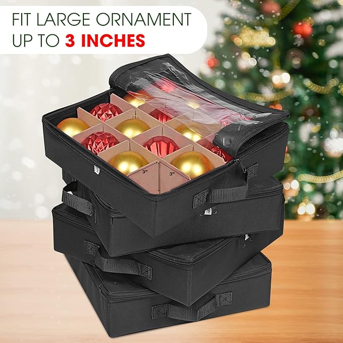 ProPik 4 Pcs Christmas Ornament Storage Boxes with Dividers | 4 Individual Trays Hold 64 Holiday Decoration Balls | Durable Ornaments Organizer Storage Box | Zippered Closure with Handles (Black)