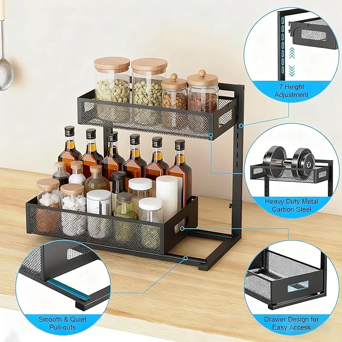 UINOFLE Under Sink Organizer, Adjustable Height 2 Tier Under Sink Organizers and Storage Multi-Purpose Under Sink Storage for Bathroom Kitchen