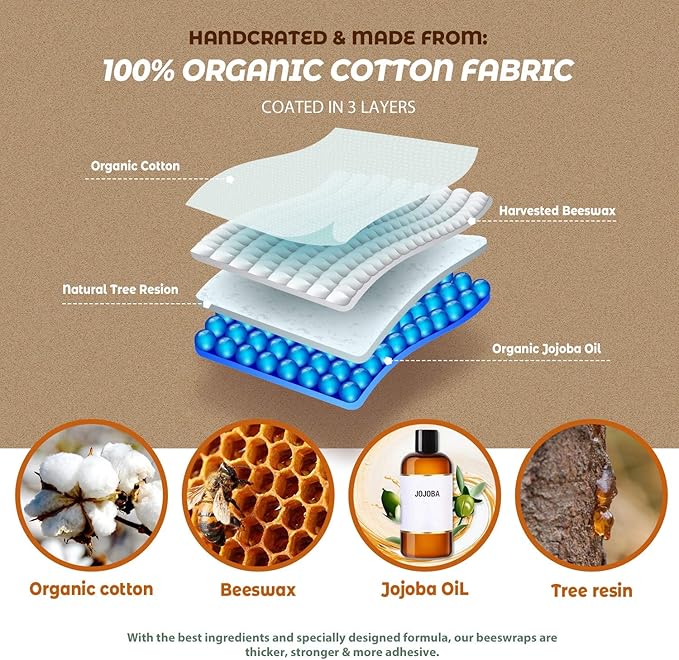 Akeeko Reusable Beeswax Food Wraps - Assorted 9 Packs, Reusable, Plastic-Free Food Storage, 5 Small, 2 Medium, 1 Large, 1 Extra Large Wraps with Abstract Curves Pattern