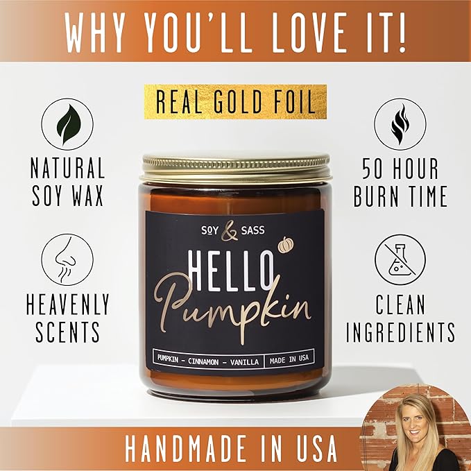 Pumpkin Spice Candle, Fall Candles - 'Hello Pumpkin' Pumpkin Candle I Infused w/Essential Oils I Autumn Scented Soy Candles for Home I Fall Home Décor I 9oz Reusable Jar, 50Hr Burn, Made in USA