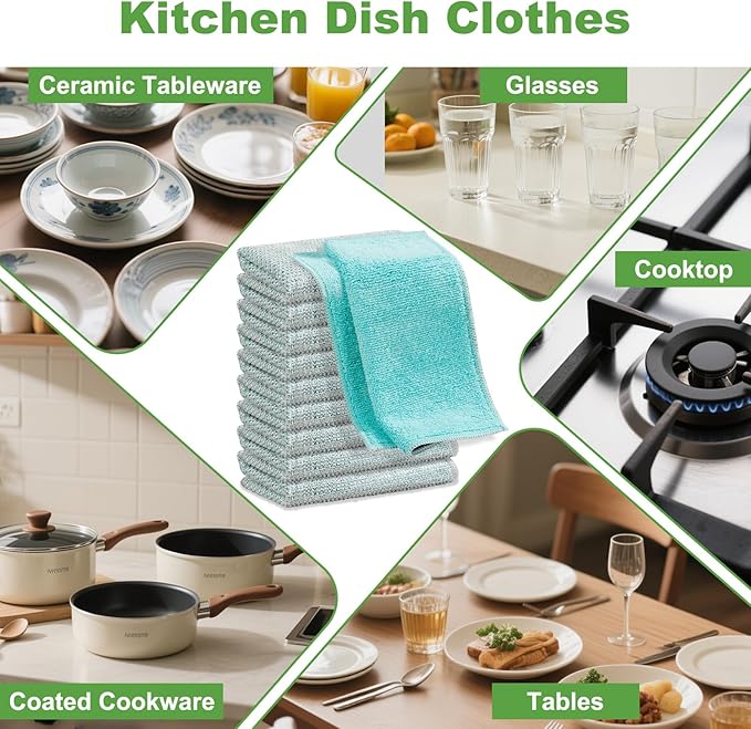 Jeymei 10counts Non Scratch Wire Dishcloth Multipurpose Wire Dishwashing Rag for Washing Dishes,Double Layer Microfiber Cleaning Cloth,Reusable Diamond Weave Steel Wool Scrubber Cloths,Blue