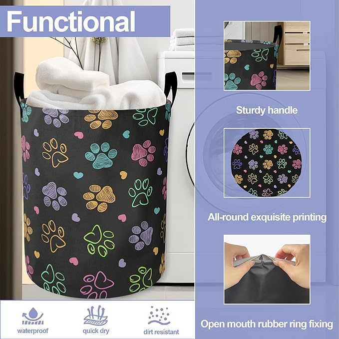 Colorful Paw Print Laundry Hamper Large Canvas Fabric Lightweight Storage Basket/Dirty Clothes Collapsible Waterproof for College Dorms, Boys and Girls Bedroom,Bathroom