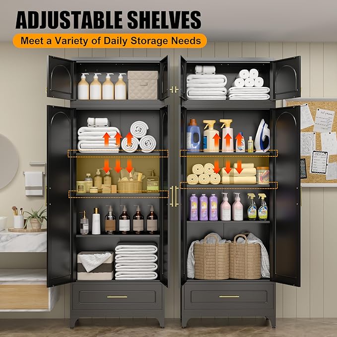 Metal Storage Cabinet with Drawer, 90" Tall Kitchen Pantry Storage Cabinets with Doors and Adjustable Shelves, Black Pantry Closet, Steel Large Cupboard, High Leveling Feet- Assembly Required