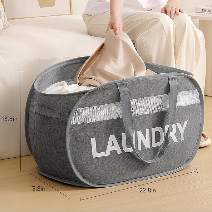 Tsmallbear Foldable Laundry Basket with Lid, Oxford Cloth Reinforced Steel Ring Collapsible laundry hamper, 70L Breathable Mesh Dirty clothes hamper with Dual Handles for Home, Dorm, Apartment