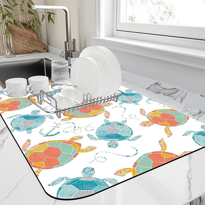 Colorful Sea Turtles Kitchen Mat Anchor Dish Drying Mat 12"x19" Bsorbent Coffee Maker Mat for Sink Dishes or Under Rack Kitchen Counter Accessories Absorbent Hide Stain Rubber Backed Dish Drying Pad