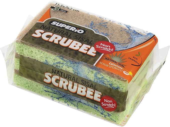 Superio Non-Scratch Cellulose Sponge Scrub (12-Pack) Heavy Duty Kitchen Sponges Scrubbers with Scouring Pad (Green)