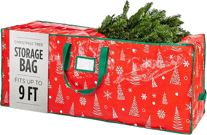 Christmas Tree Storage Bag - Stores 9 Foot Artificial Xmas Holiday Tree, Durable Waterproof Material, Zippered Bag, Carry Handles - Protects Against Dust, Insects and Moisture (Red Printed)