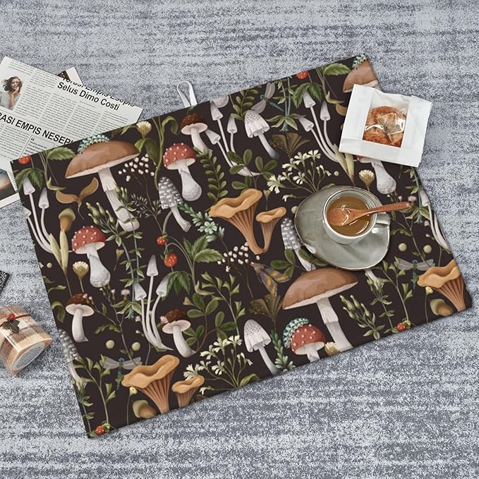 Cute Mushroom Dish Drying Mat For Kitchen Counter 18 X 24 In, Microfiber Absorbent Dish Drainer Mat With Hanging Loop Reversible Dish Drainer Mats Countertops Protector Pad (Vintage Dark Forest )