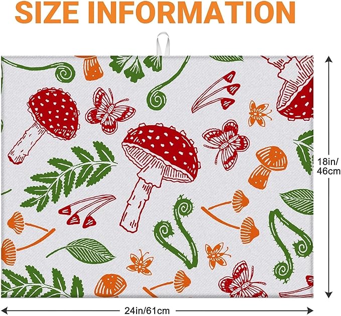 Dish Drying Mat For Kitchen Counter, Red Mushroom Microfiber Absorbent Dish Drainer Rack Pad Reusable Large 18x24in Drying Mat