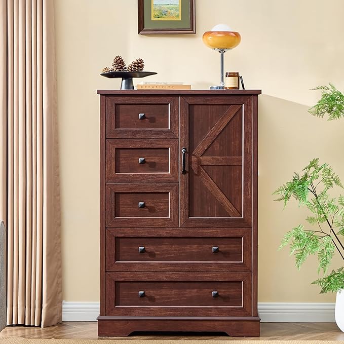 LIDYUK 5 Drawer Cherry Wood Dresser for Bedroom Farmhouse Dresser Chest of Drawers, 48" Tall Clothes Organizer with Storage Cabinet Wood Chest of Drawers for Bedroom, Living Room