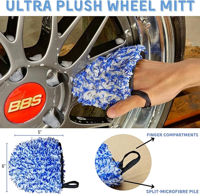oesee 7PCS Car Wheel Rims Detail Cleaning PRO Wash Kit, Wheel Wash Mitt, Tire Brush, 2PCS Soft Woolies Wheels Brush, Detailing Brush, and Tire Dressing Pads, Microfiber Dry Towel Scratch-Free Cleaning
