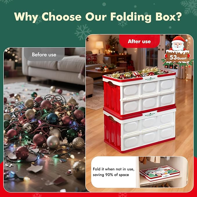 Christmas Storage Box 50L 2 Pack, Foldable Storage Box with Wood Lid & Handles, Includes Christmas Stickers for DIY, Multifunctional Wood Top for Holiday Decor, Gift, Fruit Cutting & Home Organization