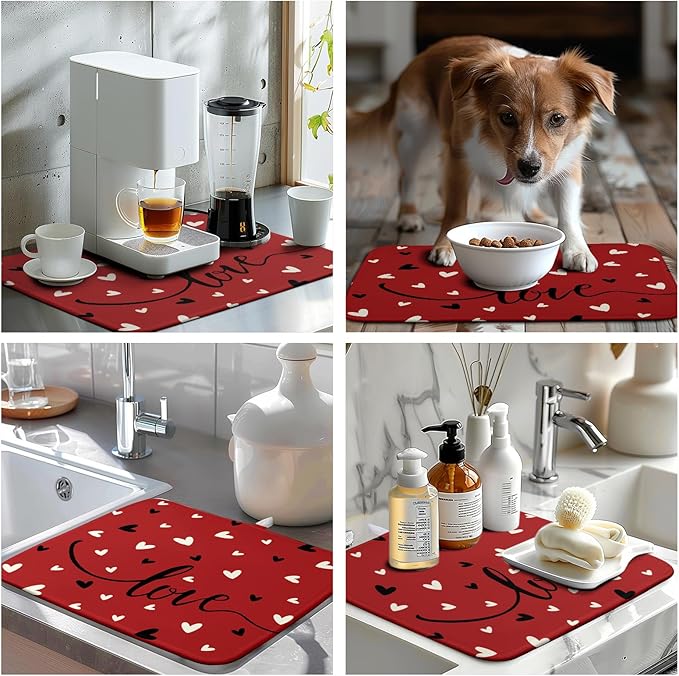 Wnoesat Valentine Dish Drying Mat for Kitchen Counter Valentines Day Red Black Love Heart Holiday Drying Mats Absorbent Microfiber Dish Draining Mat Medium Dish Rack Pad 16x18 Inch