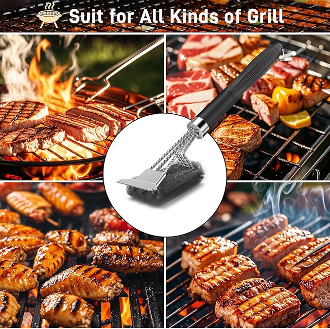 Grill Brush and Scraper-18 Adjustable Handle Safe BBQ Grill Brush for Outdoor Grill-Deep BBQ Clearning Brush wih Bottle Operner Extra Strong Grill Cleaner Accessories for Gas/Charcoal Grilling Grates