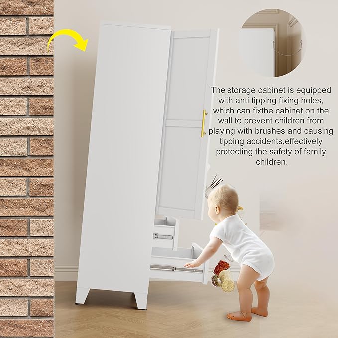 61" H Metal Pantry Storage Cabinet,Office File Cabinets with 2 Drawers and Shelves, Kitchen Cupboard Storage Cabinet for Bedroom and Dinning Room（White）