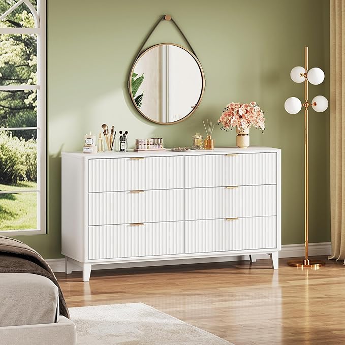WLIVE Fluted Dresser for Bedroom with 6 Drawers, 54" Wide Wood Dresser with Golden Metal Handles, TV Stand for 65 inch TV, Mid Century Modern Chest of Drawers for Living Room, Hallway, Closet, White