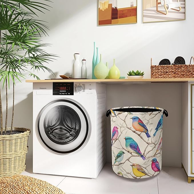 Colorful Bird Laundry Basket,Branches Foldable Oxford Cloth Tote Bag Laundry Hamper Clothes Storage Bucket Organizer for Bedroom Laundry Storage Dormitories 16" x 20.8"