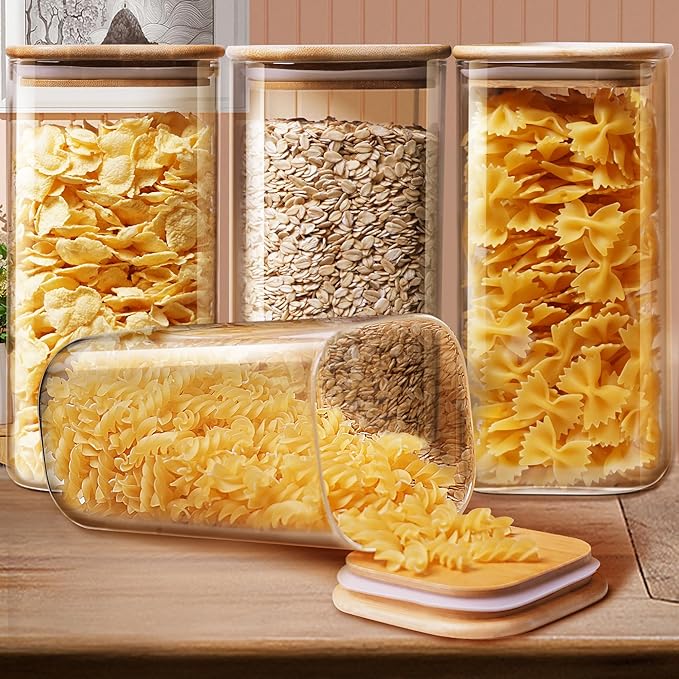 HomArtist Square Glass Jars with Bamboo Lids 53 FL OZ [Set of 4], Glass Canisters with Airtight Lid, Glass Food Storage Containers for Pasta, Cereal, Coffee, Flour, Sugar, Best for Kitchen & Pantry