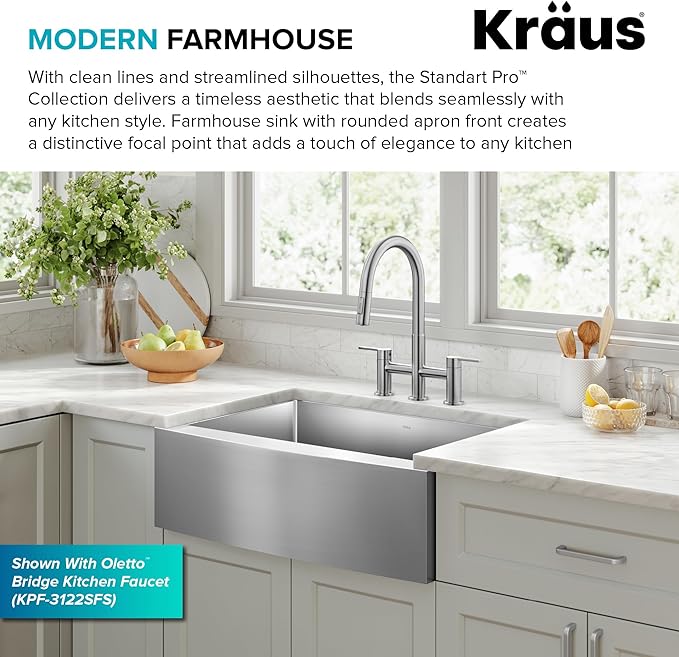 KRAUS Standart Pro 30-Inch Apron Front Farmhouse 16-Gauge Single Bowl Stainless Steel Kitchen Sink, KHF200-30