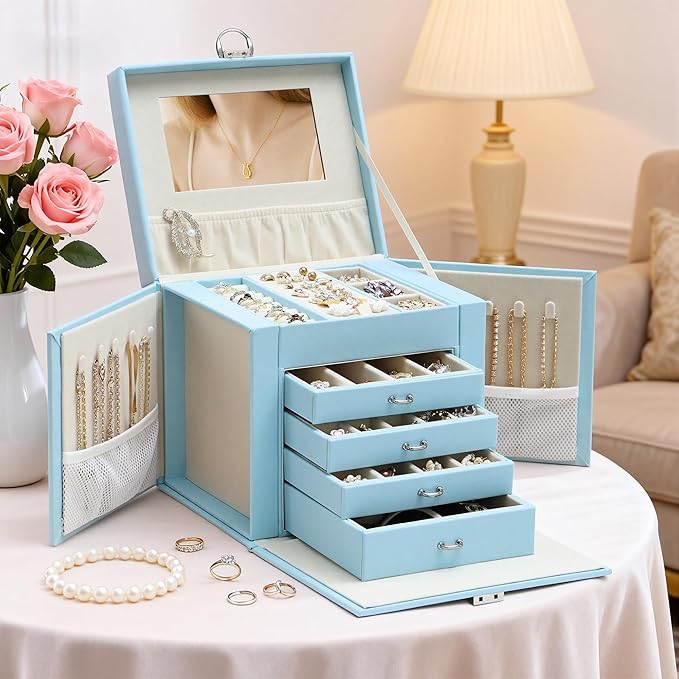 EnHomee Jewelry Box for Women, 5-Layer Large Jewelry Organizer with Mirror & 4 Drawers for Rings, Earrings, Necklaces, Bracelet Lockable Case with Lock (Blue + Silver)